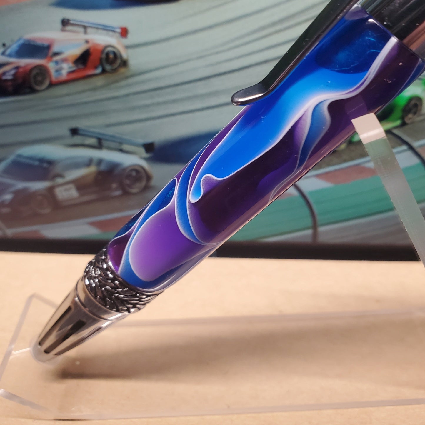 Purple and blue pen with flame design on gearshift pen